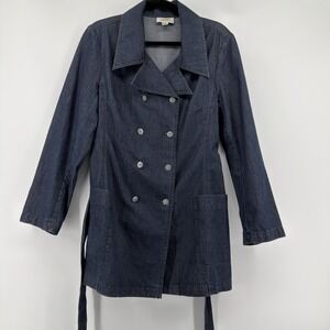 Talbots Petite Denim Women's Double Breasted Trench Coat Classic Belted